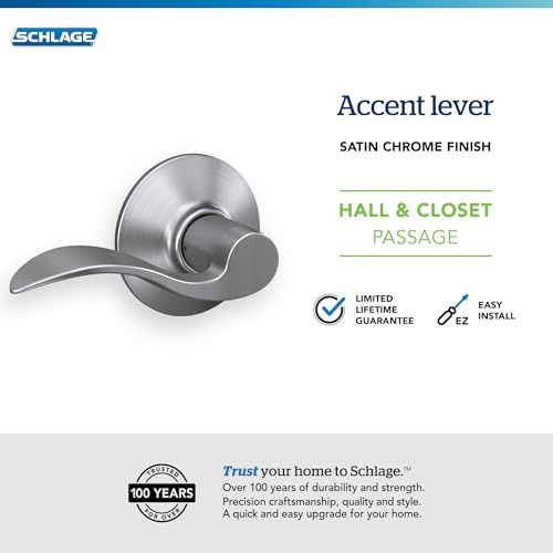 Image of Schlage F10 ACC 626 Accent Door Lever, Hall & Closet Passage Lock, Satin Chrome