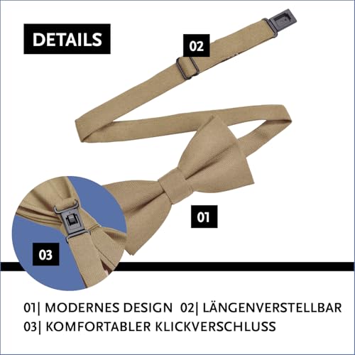DonDon Fliege Herren Kinder Jungen oder Babys Beige matt, vorgebunden und längenverstellbar aus Baumwolle Gabardine - festliches Accessoire für Hochzeit, Kommunion und Feier