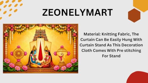 Image of venkateshwara Swamy backdropss Cloth | Venkateswara & Goddess Lakshmi Wedding Backdrop with Shankha, Chakra, and Pink Lotuses 8x8 Feet | varalakshmi Pooja Backdrop Cloth