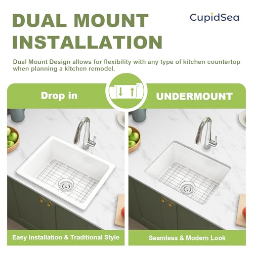 Image of Undermount Kitchen Sink 24 Inch, Small Deep Drop in Bar Sink Topmount, Fireclay Dual Mount White Farm Sink with 2 Accessoried, for Small Kitchen Island & Laundry