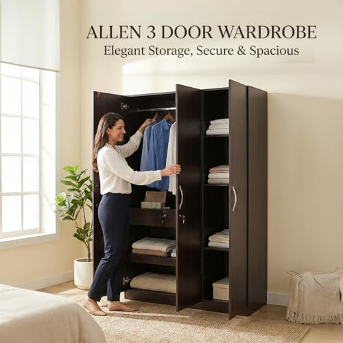 Image of HomeTown Allen Plus 3 Door Wardrobe Walnut (Brown) with Mirror | Wooden Almirah for Bedroom Storage | Modern 3 Door Closet Cabinet | Wardrobe Furniture India
