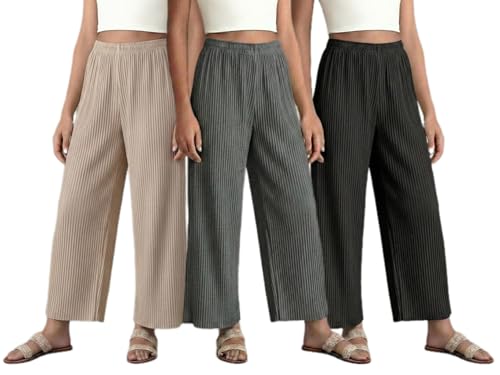 Image of Set of Combo Trouser and Pants for Girls and Women's Relaxed Fit Stretchable Regular Fit Palazzos Lightweight Elastic Waistband Bottoms for Daliy Office & Casual Wear