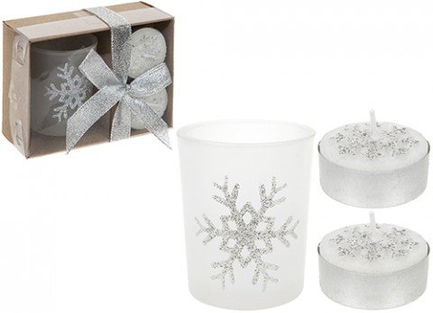 Gift Set of 2 Glittery Tealights and Glass Votive Holder.Complete Candle Gift Set from Homestreet (Silver)