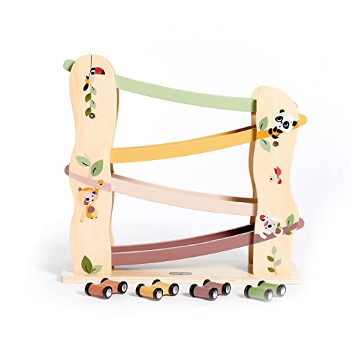 Tiny Love Rampa de Coche Juguete Madera, Circuito coches de madera con 4 coches de carreras de madera de fácil manejo, Motricidad fina, Desarrollo cognitivo, Diseño natural, Más de 18 meses, Boho Chic
