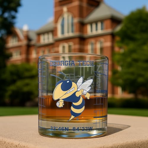 Image of Greenline Goods Georgia Tech University Yellow Jackets Whiskey Glasses Set of 2, 10 oz Rocks Glasses with Full-Color Logo & Campus Map - Officially Licensed Bourbon Glass Gift for Alumni & Fans