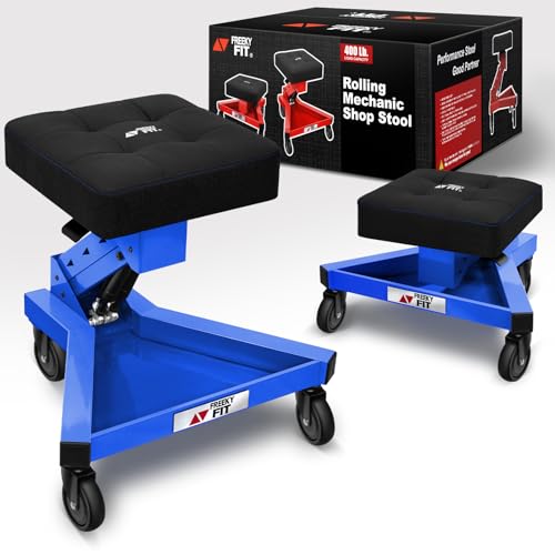 Image of Mechanic Stool with Wheels, Hydraulic Adjustable Shop Stool on Wheels, Garage Work Rolling Chair for Workshop, 400 LBS Capacity, 4 Inch Casters, 360 Swivel Casters Roller Chair, Blue