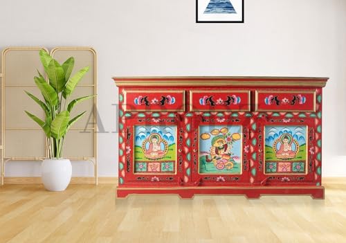 Image of APRODZ Wooden Handpainted Multipurpose Sideboard Storage Cabinet for Home (Multicolor)