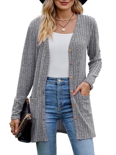 MYCOLORBLUE Alte Zeiten Strickjacken für Damen Elegant Gerippt Cardigan Langarm Knopfleiste mit Taschen Strickcardigan Grau L