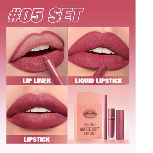 Image of Matte Lip Liner Lip Stick Lip Oil Set, Lip Makeup Set Natural Smooth Long-Lasting And Hydrating Beauty Daily Cosmetics Gift for Girls Easy-to-Use(#05)