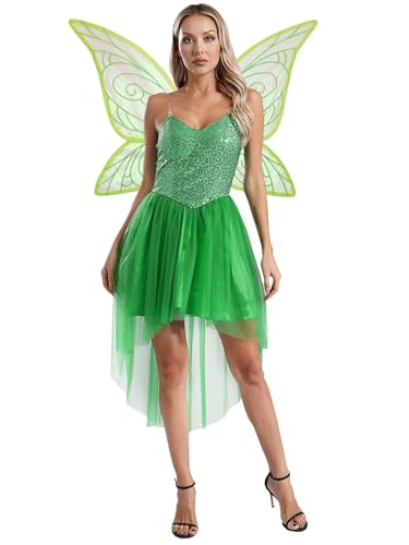 Rswnyirn Femme Déguisement Costume Fée Clochette Paillettes Robe avec Ailes de Papillon Cospaly Carnaval Mascarade S-4XL Vert S