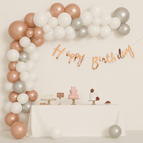 Image of Rose Gold, Silver & White Balloon Garland Kit - Happy Birthday Decoration Set for Women, Girls, Adults - Metallic Latex Balloons, Banner & Birthday for Party Decorations Pack of 46 Pcs