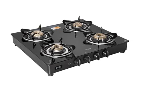 Image of Glen 4 Burner Toughened Glass Top LPG Gas Stove 55 cm | Auto Ignition | Brass Burners | 360 Revolving Inlet Nozzle | Black | ISI Certified | 2 Years Warranty | 1043GTBBBLAI