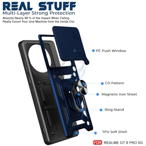 Image of AESTMO Tough Armor Realme GT 8 Pro 5G Bumper Back Case Cover | Ring Holder & Sliding Camera Shield Cover | 360 Degree Protection Back Case Cover for Realme GT 8 Pro 5G (Blue)