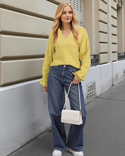 Furnex Sweaters for Women Fall Loose Pullover Knit Tops Casual Lantern Sleeve V Neck Cute Soft Ladies Dressy Blouses Shirts4