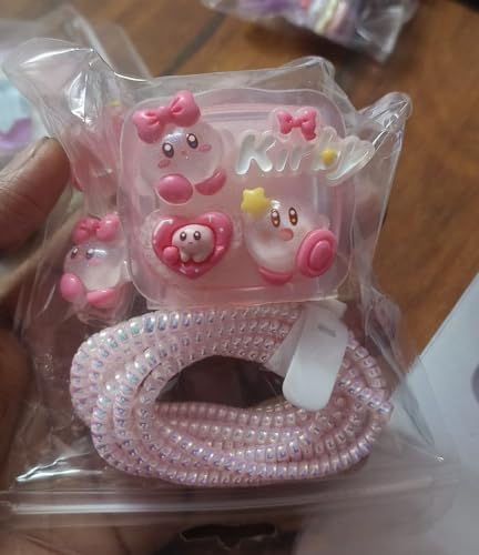 Image of Compatible with iPhone Cute Cat Charger Case Cover | Cartoon Character Silicone Charger Case Cover for 18-20W 360 Degree Full Protection Cover (STYL 6TH Kirby Pink Multi)