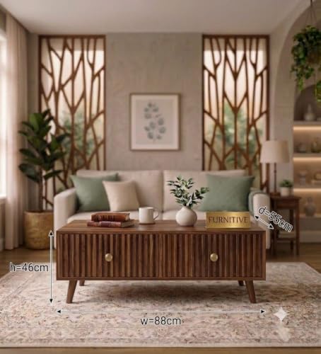 Image of Solid Sheesham Wood Coffee Table & Center Table for Living Room with Rattan Cane Lift-Down Shutter & Open Shelf, Solid Wooden Teapoy for Sofa with Storage | Tea Table (B-Walnut)