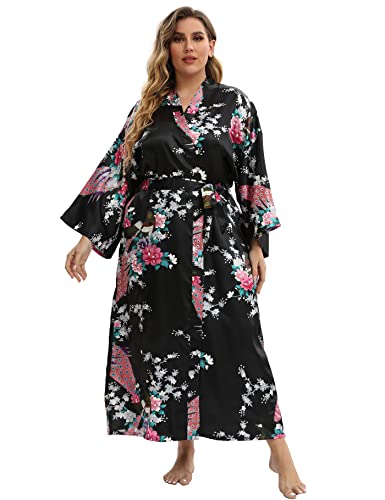 Image of Women's Floral Long Satin Robes Plus Size Long Silk Robes Peacock Floral Kimonos Sleepwear Dressing Gown