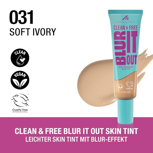 Manhattan Clean & Free Blur It Out Skin Tint, leichtes, hautberuhigendes Make-up mit Blur-Effekt für ein mattiertes Finish, 30 ml, 031 Soft Ivory