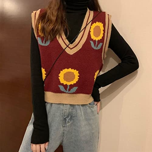 Image of Women's Sweater Vest,Y2K Sleeveless Pattern Preppy Style Knitted Crop Tank Top for Girl