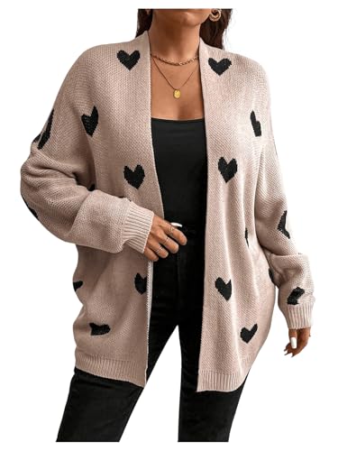 Image of WDIRARA Women's Plus Size Open Front Heart Graphic Cardigan Long Sleeve Sweater Loose Knitted Outerwear Coffee Brown XX-Large Plus