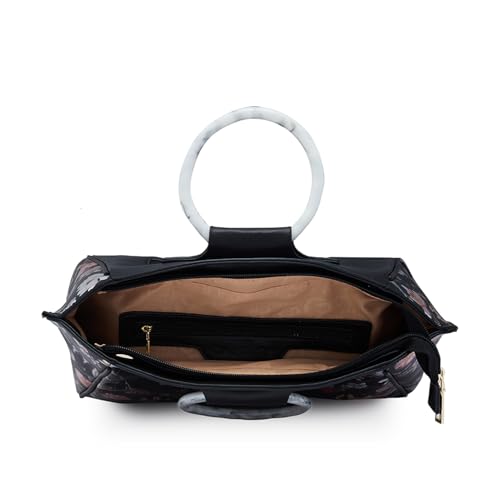 Image of Caprese Fiorella Satchel, Black-Large | Stylish Floral Printed Shoulder Bag for Women with Adjustable Sling Strap | Easy Back Access Pocket & Spacious | Perfect for Office & Daily Essentials