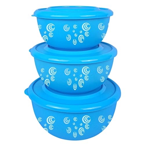 Zaib Microwave Safe Stainless Steel Mixing Bowl Set with Lids | Spiral Printed | Blue Euro Style Food Storage Containers for Kitchen | Pack of 3 (Classic Blue Spiral)