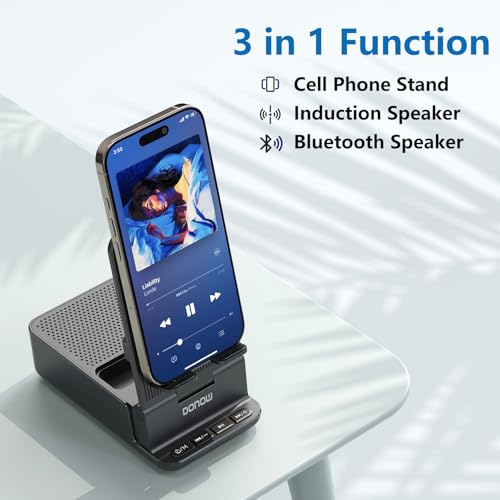 DONOW Wireless Induction Bluetooth Speaker with Cell Phone Stand, HD Surround Stereo Sound Foldable Phone Holder Perfect for Tablet iPhone Android, Gifts for Men Women (Black) — view 4