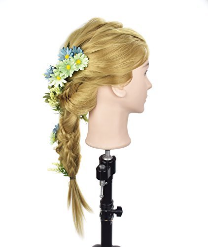Cabezal de entrenamiento para peluquería, maniquí de entrenamiento con pelo sintético, cabeza de muñeca para practicar estilismos, con mordaza de mesa (69 cm)