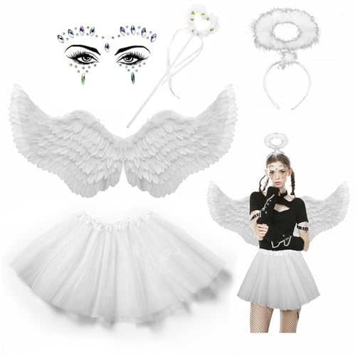 YADODO Engel Kostüm Damen mit Engelsflügel Weiß Groß Heiligenschein TuTu Rock und Zauberstab Federflügel Engel Angel Wings Cosplay Weiße...