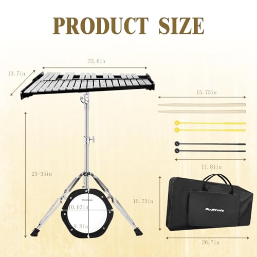 Image of Soulmate Glockenspiel Xylophone Professional 32 Notes Percussion Glockenspiel Kit for Adults & Beginners with Drum Pad, Adjustable Stand, Drum Sticks, Carrying Bag - Ideal for Practice & Performance
