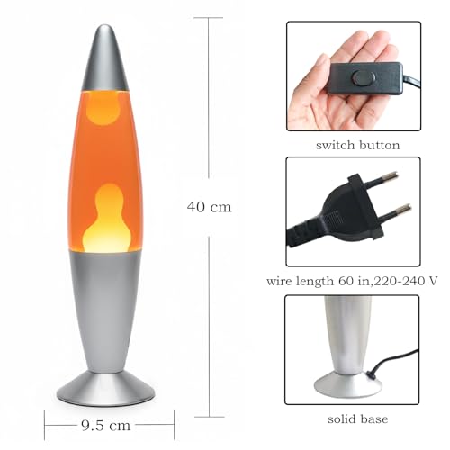 Image of KARP 16 Inch (Rocket Shap) Lava Lamp | Metal Base & Glass Body | Orange Water with Yellow Lava | SES R39 E14 25W Bulb Included | 220-240V 50Hz | Mains Plug with Inline ON /Off | Stylish Decor & Gift