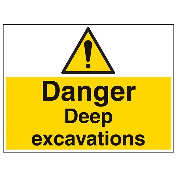 V Safety Warning Building- Danger Deep Excavation - 600 X 450MM Safety Sign With Snap Frame, Yellow/Black, 600x450mm