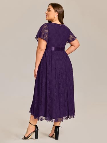 Image of Ever-Pretty Plus Women's Lace Round Neck Short Sleeves High Low Plus Size Midi Cocktail Wedding Guest Dresses Deep Purple US14