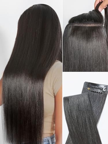 LUVME Invisible Clip in Hair Extensions, Yaki Straight Real Human Hair 16 Inch 2 Pack 220g 12pcs Clip ins Hair Extensions Natural Black for Women