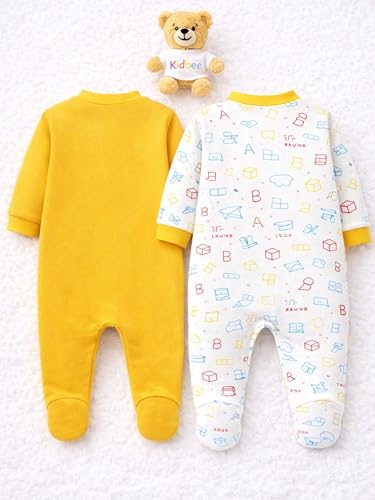 Image of Kidbee Baby Cotton Romper Pack of 2 | 100% Soft Cotton Hosiery | Front Open Snap Buttons | Full Sleeve Footed Sleepsuit | Newborn Baby Clothing Set