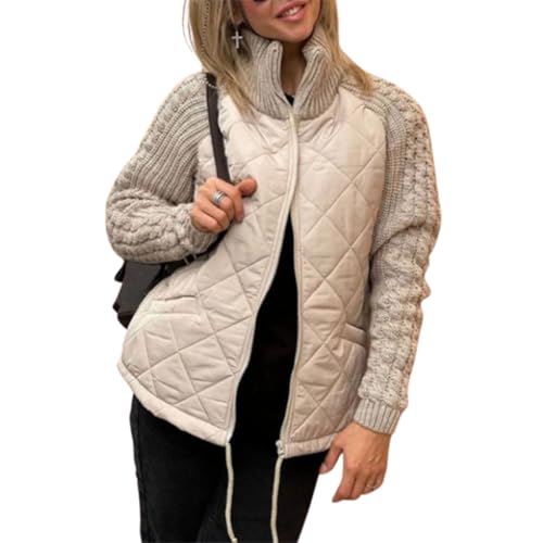 QKCQQTS Chaqueta Acolchada de Punto con Parches para Mujer, Chaqueta Acolchada de Punto con Parches para Mujer, Ropa de Abrigo acogedora para otoño e Invierno 2024 (2XL,Khaki)