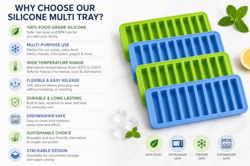 Image of Silicone Ice Stick Tray Pack of 4 | 10 Long Steak Ice Cube Mold | Food Grade BPA Free Silicone for Ice Cubes, Baby Food, Chocolate, Yogurt, Herbs & Masala | Freezer, Microwave & Dishwasher Safe