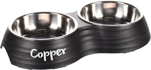 Petslino – Doppia ciotola personalizzata Aschau 2 × 160 ml – Porta tazza nera con 2 ciotole in acciaio inox – antiscivolo e lavabile in lavastoviglie – Ciotola per cibo con incisione per cani e gatti
