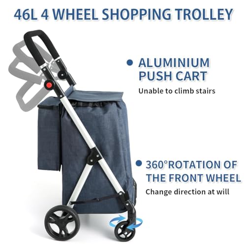 LEUYA ABC Einkaufstrolley, 4 Räder Aluminium Einkaufswagen, 46L Faltbarer Einkaufstrolley mit isolierter Kühltasche (Blau) – Bild 3
