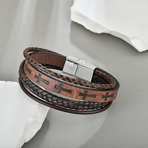 Pulsera de cuero trenzada para hombre con cruz miniatura 4