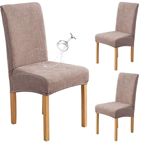 Image of Genina Waterproof Dining Chair Cover Set of 2,Kitchen Chair Cover,Taupe | Stretch Dining Room Chair Slipcovers with Leaf Jacquard,Removable Kitchen Chair Protector for Home,Restaurant,Banquet
