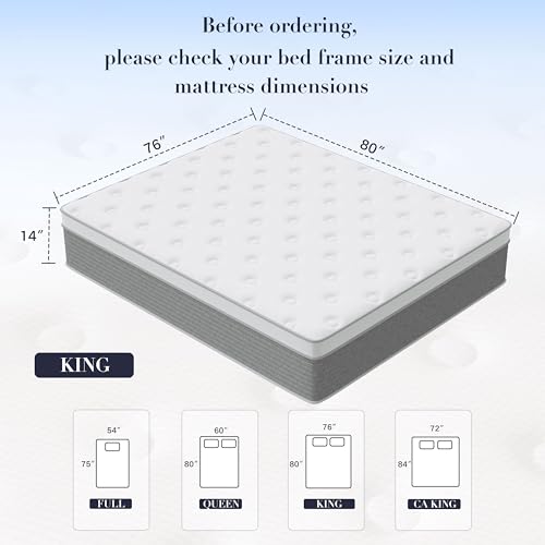 Image of King Size Mattress - 14 Inch Memory Foam Mattress in a Box for Pressure Relief & Motion Isolation with Individual Pocket Spring, Medium Firm, CertiPUR-US Certified, Fiberglass Free