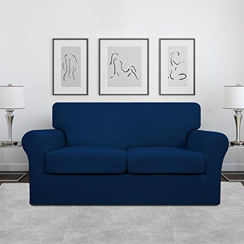 Image of Easy-Going 3 Pieces Stretch Loveseat Couch Cover for 2 Cushion Washable | Sofa Slipcover for Stretch 2 Separate Sectional Cushion Couch - Furniture Protector for Pets, Kids Navy