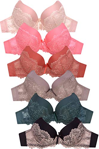 Women's Premium Plain Lace Overlay Full Cup Bra (6 Pack) (38C)