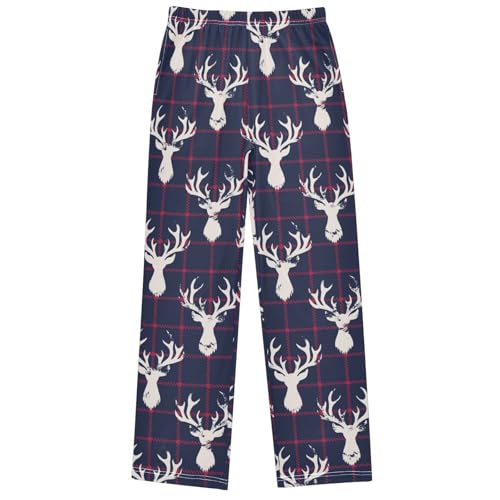 Boy's Lounge Pants Classic Blue Red Checkers Deer Kids Jogger Pants Elastic Waist Long Bottoms with Pockets 6-14 Y