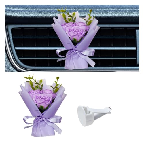 Image of Mini Bouquet Car Air Vent Clip, Cute Rose Air Conditioner Decoration Clip, Dried Flower Air Outlet Clip, Car Interior Aesthetic Accessories (Purple)