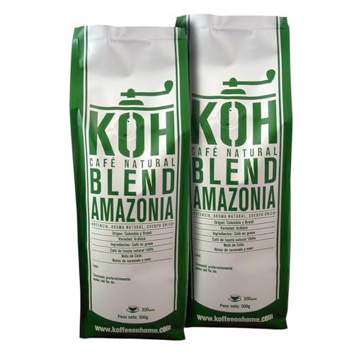 KoffeeONHOME Café en Grano 100% Arábica, Blend Amazonia, Tueste Natural, 2 Paquetes de 500 gr - 1 Kg