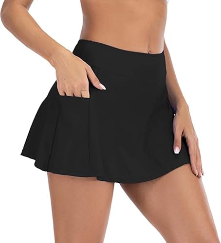 Durio Bañador para mujer, falda corta, falda de bikini con pantalones cortos, falda deportiva, Negro , 44