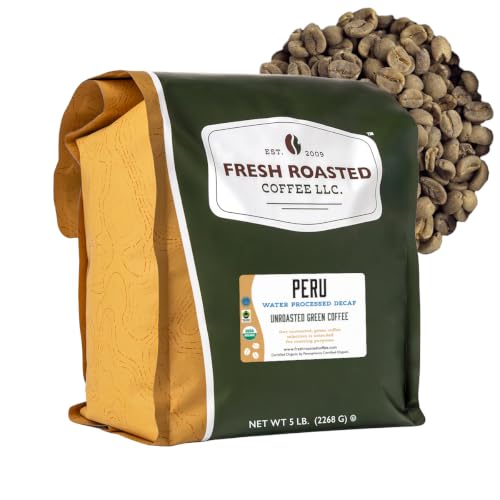Fresh Roasted Coffee, Organic Peru Water-Processed Decaf Unroasted Green Coffee Beans for Home Roasting, USDA Organic, 100% Single Origin, Kosher, 5 lb (80 oz)