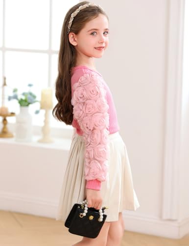 Image of Girls Casual Crewneck Ruffle Flower Long Sleeve Solid Kint Sweatshirts Loose Fit Blouse Fashion Shirts